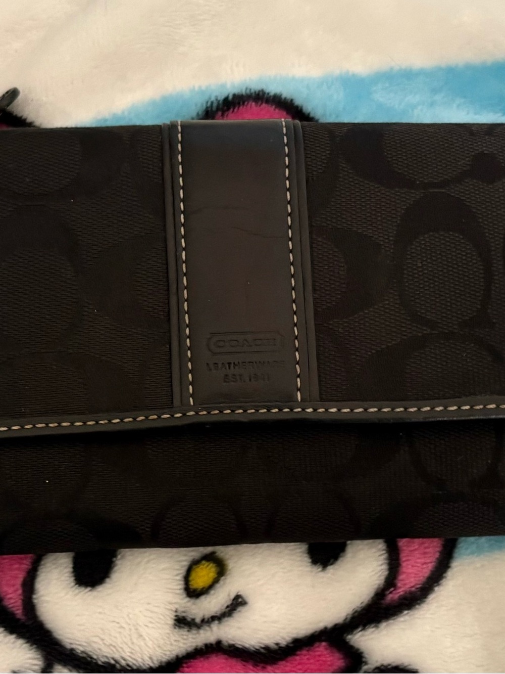Coach Black Signature Canvas Foldover Wallet with Leather Trim